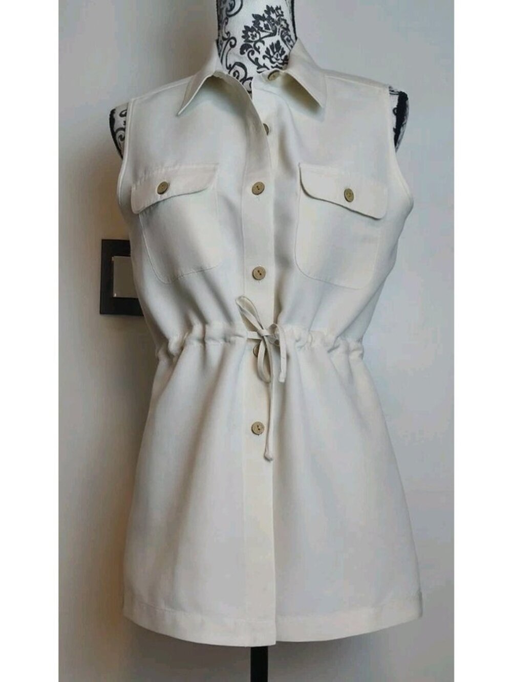 Tommy Bahama 100% Silk Sleeveless Safari Top S Ivory Cream Drawstring AS-IS